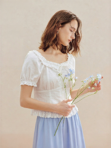 INMAN | 100 Xinjiang Cotton Embroidered Wooden Ear Summer Womens Blouse