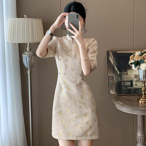 ชุดเดรสยาวเอวสูง ทรงเอ แขนยาว คอปกจีน ชุดราตรียาวปานกลาง สไตล์จีนใหม่ ฤดูใบไม้ผลิและฤดูใบไม้ร่วง