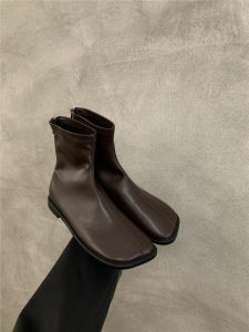 Brown Flat Bottom Mango Head Short Boots Womens Shoes Soft Leather Ugly Cute Martin Boots Korean Style Low Heel Zipper Closure
