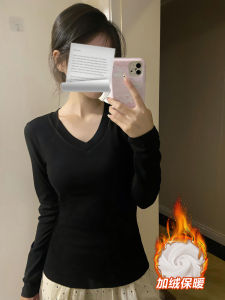 Áo Thun Dài Tay Cổ Chữ V Màu Đen Dày Dặn Có Lót Lông Cừu Cho Nữ Mùa Thu Đông Áo Sơ Mi Cơ Bản Ôm Vừa Vặn Tăng Cường Sức Mạnh