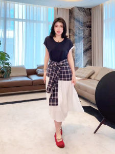 Blue White Plaid Lace Patchwork Slimming Casual Dress High Waist A-Line Skirt Cotton Polyester Spandex Blend Summer Dress