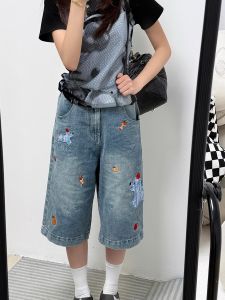 Retro American Fun Dog Embroidery Seven-Foot Womens Summer Eight-Piece Wide Leg Jeans High Waist Casual Wear Resistant