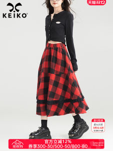 KEIKO Retro Red And Black Plaid A-Line Mini Skirt High Waist Lace Trim Meat Covering Umbrella Skirt Elegant Early Autumn
