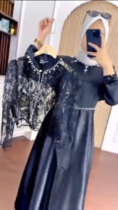 Gamis Dewasa Model Terbaru Sakura Dres Silk Premium Mix Brukat Aplikasi Payet Mutiara M L XL XXL 3XL Baju Muslimah Seragam Pengajian Dress Set Outer Brokat Ootd Kondangan Mewah Elegan