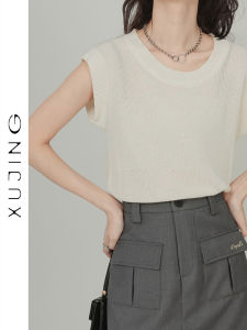 Cool Linen Knitted Vest Womens Sleeveless Top Sweet And Spicy Style Casual Commute Loose Fit Short Length Solid Color