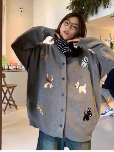 Gray Korean Style Idle Style Knitting Sweater Outwear Cardigan Female Early Spring and Autumn New Arrival Loose Outer Wear Cute Puppy Fashion