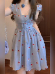 Váy Ngắn Chữ a Họa Tiết Hoa Màu Xanh Pháp Thiết Kế Cho Nữ Mùa Hè Ngọt Ngào Thanh Lịch Váy Chữ a Cạp Cao Váy Ngắn