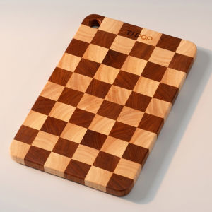 Checkered Cutting Board14 inch Wooden Kitchen Chopping BoardRubberwood Chopping Block With HoleDouble-Sided For Meat Fruit