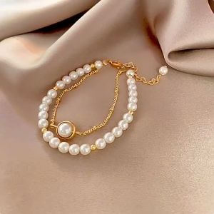 Gold pearls Chain All-Match Bracelet Creative Double-Layer Handmade Pearl Bracelet Suitable for Women Daily Wear European American Fashion Temperament