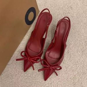 French Wine Red High Heels Butterfly Knot Beautiful Pointed Toe Thin Heel Cover Head Sandals Women New 2025 Outdoor Fashionable