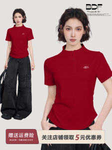 Áo Thun Nữ Cổ Đứng Tay Ngắn Màu Đỏ Không Đều Ôm Eo Mùa Hè Thường Ngày Không Có Mũ Họa Tiết Chữ Thập Chất Liệu Khác