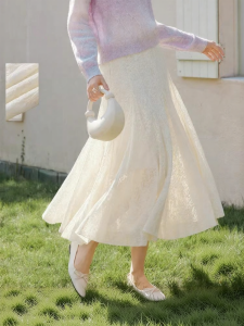 XIANGYING | Elegant Lace White A-Line High-Waist Skirt