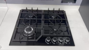 60CM 4 Burner Built‑in Gas Cooktop Tempered Glass LPG Compatible Automatic Ignition Flame‑Out Safety with Cast Iron Trivet for Kitchen