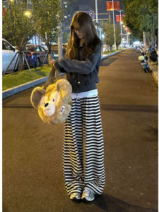 Extended Length Casual Pants Womens High Waist Drawstring Loose Slimming Sporty Wide Leg Trousers White Stripes Autumn Wear