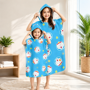 52TOYS | Doraemon Family Matching Hooded Poncho Towel Blue Cartoon Bell Print Microfiber Quick Dry Bath Beach Robe for Kids Adults