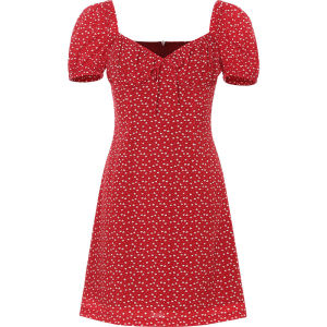 ชุดเดรสสั้นสีแดงสไตล์ฝรั่งเศส Sincethen ฤดูร้อนปี 2024 ชุดนางฟ้าแขนพองคอหัวใจลายดอกไม้ กระโปรงสั้น ชุดเดรสผู้หญิง