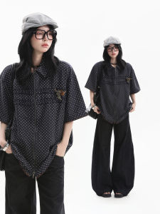 zuocisankon | Áo Blouse Tay Ngắn In Chấm Bi Cổ Đóng Sọc vintage