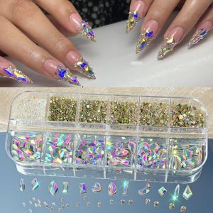 12Grids 3D AB Glass Nail Art Rhinestones Mixed-Shapes Flat-Back Diamond Nails Decorations Sparkling Gemstones DIY Manicure Parts