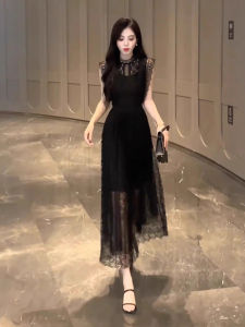 Elegant Lace Splice Waist Cinched Chiffon Dress Womens Style Hepburn Wind Long Evening Gown for Party And Banquet