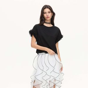 S·DEER | Literary Style Round Collar Lace Inserted Short Sleeve T-shirt
