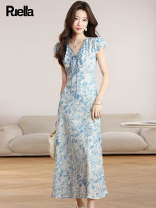 puella | French Style V-Neck High Waist Printed Slim Fit Tie Dress