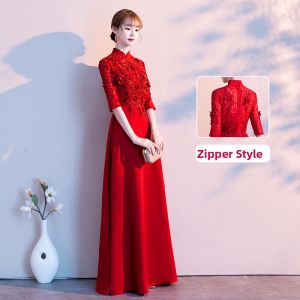 Red Wedding Dress Womens Korean Style Hollow out Beaded mid Waist Silk A-Line Skirt Long Sleeve Dresses for Engagement Return Home