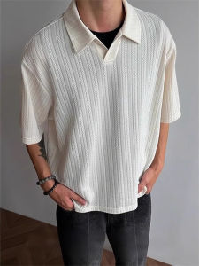 American Style Mens Polo Shirt V-Neck Short Sleeve Wheat Ear Pattern CleanFit Shoulder Summer Trendy High-End Feeling T-Shirt