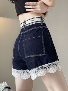 QIAOMIDUO | Summer Loose Fit High Waist Denim Shorts Womens Style Elastic Waist Non-fading Deep Blue Lace Trim Cotton Polyester Blend