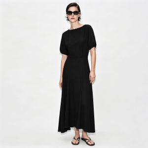 AMII | Casual Large Collar Jade-textured Button Waist-fitting Long Dress