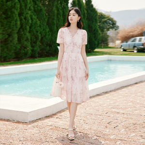 XIANGYING | V-Neck Waist-Cinching Summer New Floral Printed Organza Dress