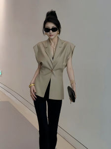 เสื้อกั๊กสูทแขนกุดคอวีสำหรับผู้หญิงในช่วงฤดูร้อน เสื้อคลุมแบบมีโครงกระดูกสันหลังสีพื้น เสื้อคลุมแบบสวมหัว