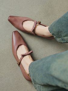 Morning Flower French Butterfly Knot Flat Bottom Mary Jane Shoes Top Layer Cowhide Womens Slip-On Ballet Flats Fashionable Casual Footwear