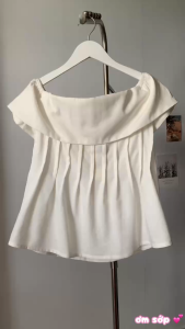 Trắng/ Đen Chất linen bột Áo trễ bẻ vai cộc tay xếp ly thân trước bo chun co giãn dễ thương năng động cam kết nhận hàng như video shop tự quay LIU TOP