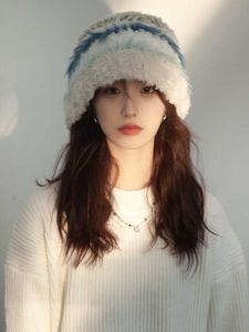 Japanese Style Knitted Plush Fisherman Hat Womens Autumn Winter Face Slimming Colorful Rabbit Fur Warm Large Head Size Wool Hat