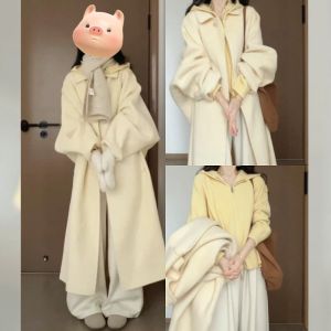 Yellow Hooded Knitted Sweater Womens Inner Wear Loose Fit Sweet Style Japanese Fashion Polyester Nylon Blend Long Sleeve Coat