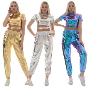 womens high waist Shiny faux leather pants golden loose trousers hip-hop jazz dance performance wear
