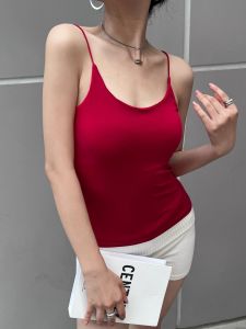 Áo Ba Lỗ Không Tay Màu Đỏ Phong Cách Hồng Kông Dành Cho Nữ Áo Ba Lỗ Nhỏ Bên Trong Áo Không Dây Có Đệm Ngực Áo Khoác Ngoài Mùa Hè Ôm Vừa Vặn