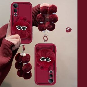 Phone Case VIVO V50 Lite V40 Lite V40 Pro Y19s Y200 Y100 5G 4G Casing Stylish 3D Red Plush Coal Ball Couple with Pearl Plush Wristband Lens Protection Soft Back Cover 2025