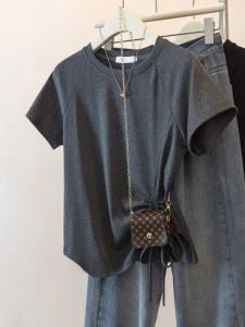 plus Size Womens T-Shirt Summer Asymmetrical Hem Short Sleeve Drawstring Belly Covering Slimming European Style Top