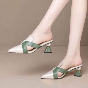 2024 New Arrival K-style High Heel Toe Box Sandals Womens Summer Chunky Heel Mid Heel Half Slippers Womens Easiest for Match Pointed-Toe Mules Shoes