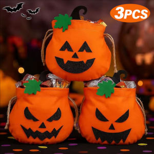 YESPERY 3Pcs Halloween Evil Pumpkin Drawstring Bags Kids Trick or Treat Candy Bag Pumpkin Gift Bag Halloween Decoration
