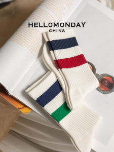Hello Monday Red Blue Stripes Socks Mens and Womens Mid-Calf Socks Sports College Style K-style Ins Trendy Fall and Winter