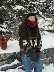 Miss Wu Procurement Service of Korean Products Genuine Goods Sienne Winter New Arrival Retro Lapels Jacquard Christmas Elk Knitting Sweater Female