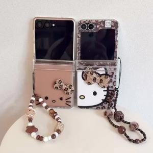 Sanrio | Cute Cartoon 3D Sanrio Leopard Print Hello Kitty Case for Samsung Galaxy Z Flip 8 7 6 5 Arcylic Hinge Protect Cover with Lanyard