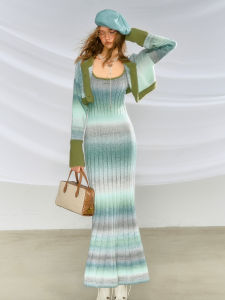 OfAkiva ผู้หญิง Gradient Knitted เดรส ชุดสองชิ้น ไม่มีสาย Ensemble โพลีเอสเตอร์ วัสดุเหมาะสําหรับเด็กอายุ 25-35