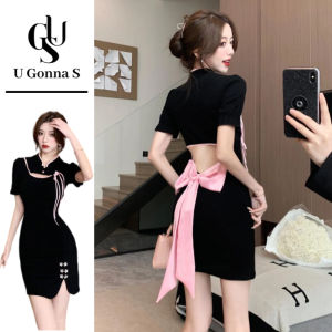 Ăn mặc sườn xám cách tân ngắn tay gợi cảm hiện đại trên đầu gối màu đen màu hồng cổ áo Trung Quốc eo cao thời trang thanh lịch ngọt ngào mát mẻ Bodycon 2024 căng ra tiệc tối