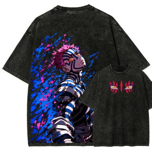 Bandai | Demon Slayer Mens and Womens Washed T-Shirt Akaza Summer and Spring Anime Tee Retro Distressed Harajuku Short Sleeve
