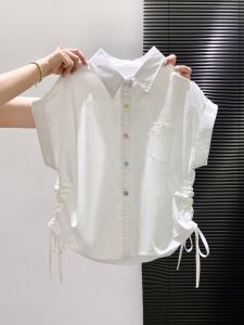 Rainbow Button Polo Neck Stripe Short Sleeve Womens Loose Fit Base Shirt Summer Thin Drawstring T-Shirt Casual Commute Style