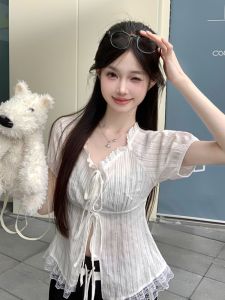 GUZILIAN | Sweet Style Lace Patchwork V-Neck Short Sleeve Open Cardigan T-Shirt Women Summer Slimming White Design Versatile Top