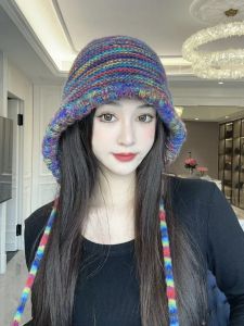 Korean Style Sweet Cute Ear Protection Knitted Hat Womens Autumn Winter round Top No Brim Casual Style Furry Tassel Hat